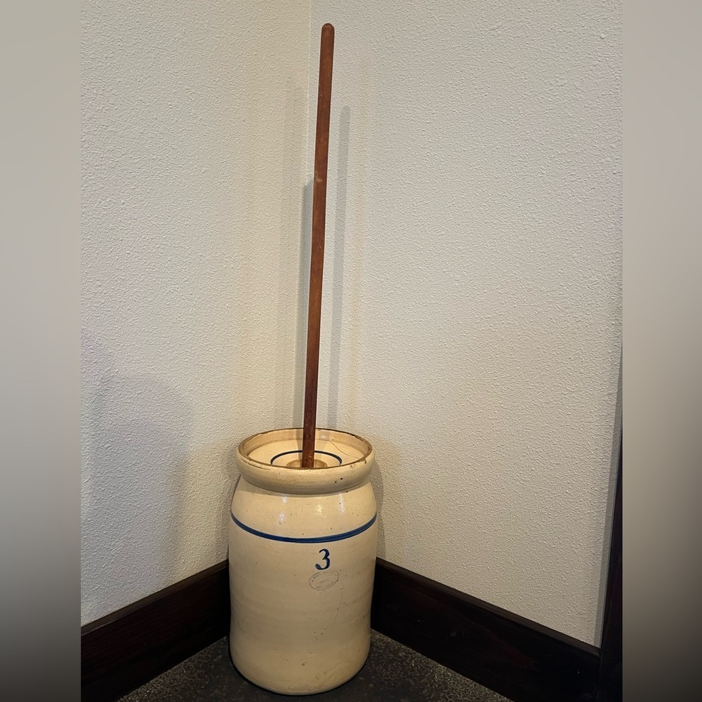Antique Pottery Butter Churn Crock 3 Gallon with Dasher and Lid